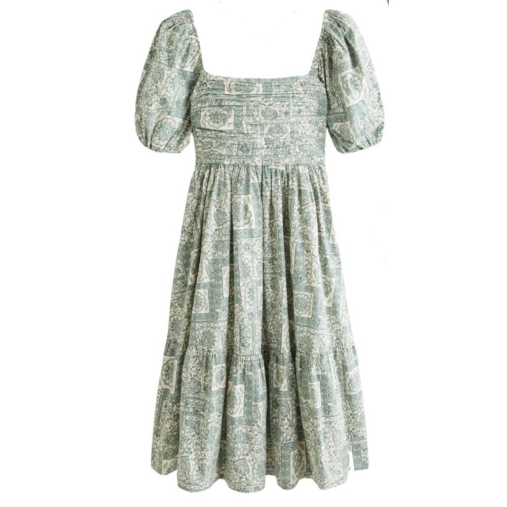 Abercrombie The A&F Emerson Poplin Puff Sleeve Midi Dress Green Pattern Size XS